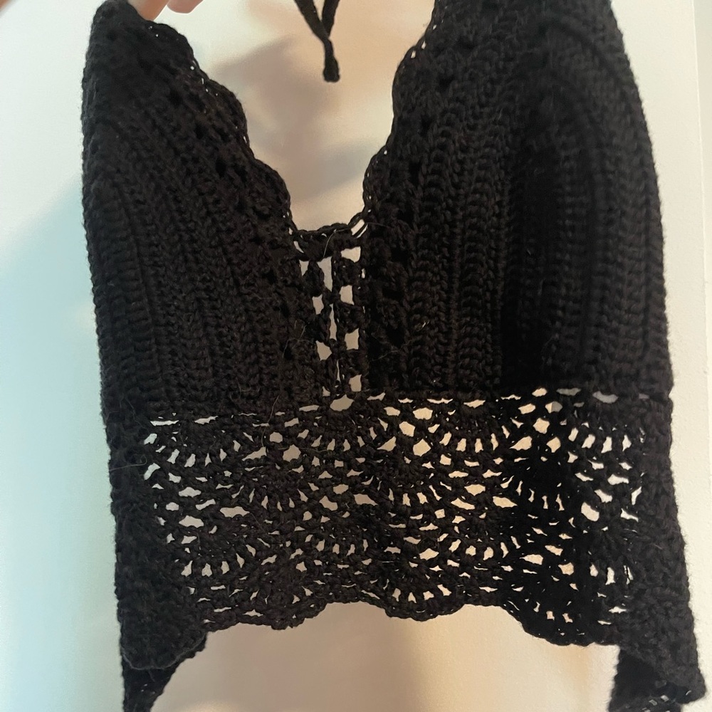 Handmade black crochet halter knit crop top, size small